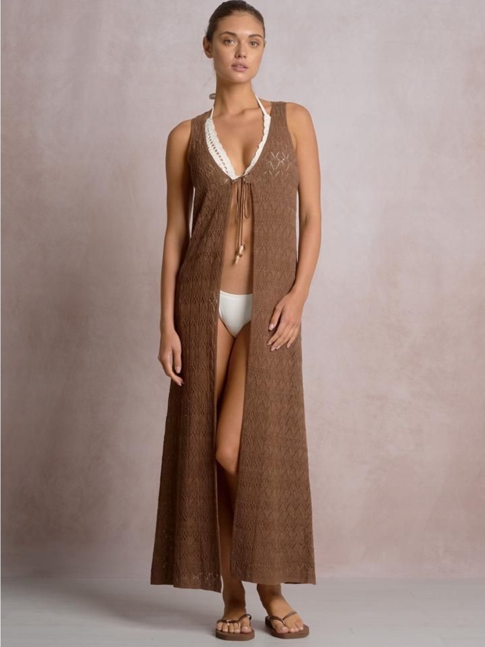 Elan Brown Crochet Maxi Cover-Up with Shell Fringe